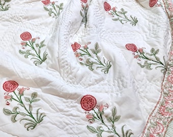 Hand Block Printed Cotton Quilt: Reversible Floral Bedspread with Floral Print | Twin/Queen/King Size Quilts | Gifts