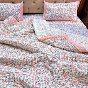 Light Pink and Gray Floral Quilt Bedspread Hand Block Printed Reversible Quilts for Sale, Oversized King Comforter | Handmade Cotton Bedding