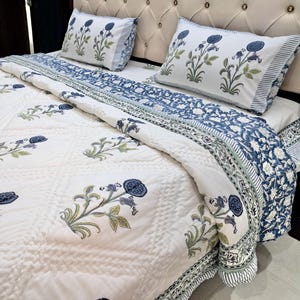 Hand Block Printed Kantha Quilt: Blue Floral Cotton Bedspread
