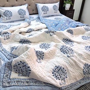 White Cotton Bedding Set - Jaipuri Block Print Quilt, Sheets & Pillow Covers