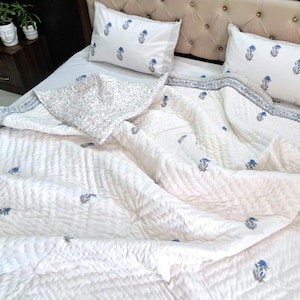 Reversible Cotton Duvet Cover Set, Blue White Floral Bedding Coverlet | Block Printed in India | Pure Cotton Twin, Queen, King Size Quilt