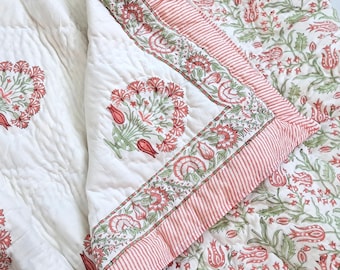 Pink Cotton Quilt Block Print Quilts, Cotton Filled Warm Blanket Quilted Bedspread, Twin | Queen, King SIze Quilt