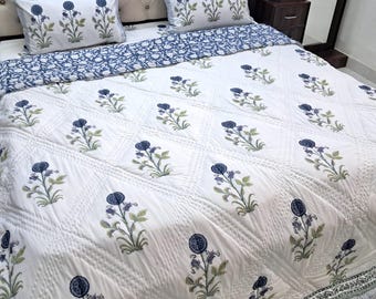 Navy Blue Floral Quilt, Reversible Cotton Quilted Bedspread, Quilted Throw Blanket, Cotton Filled Warm Quilt Jaipuri Razai