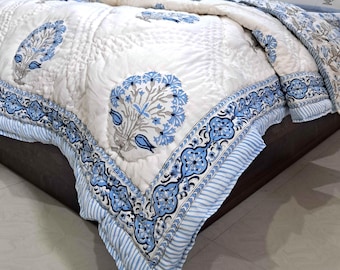 Light Blue Floral Print Cotton Quilt Lightweight Natural Cotton Filled Quilted Blanket, Indian Jaipuri Razai in Twin Queen King Comforters