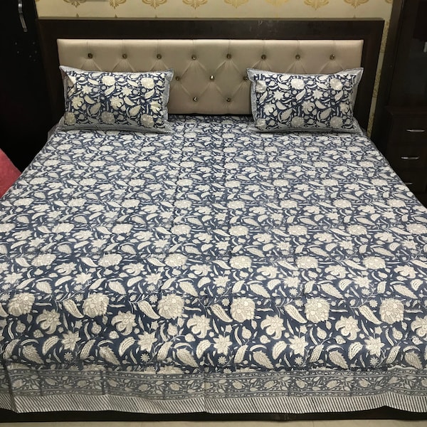 Blue white bedsheet hand block printed bedsheet bedcover bedspread comforter cotton bedsheet flat bedsheet bedsheet with pillow cover HB04