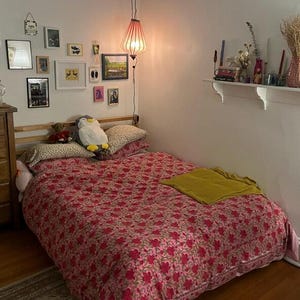 Rose Pink Cotton Bedding Set | Pink Red Floral Quilted Blanket | Pink Floral Flat Bed Sheet with Maching Pillow Covers | Rose Pink Bedding