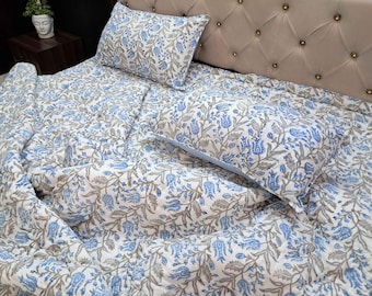 Cotton Quilt Blue Grey Floral Block Print Quilted Bedspread | Pure Cotton Twin Queen King Comforter Jaipuri Razai Boho Bedding