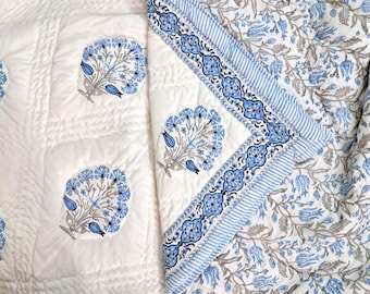 Pale Blue Floral Block Print Quilt, Natural Cotton Filled Quilted Blanket, Handmade Jaipuri Razai Light Blue & White Cotton Quilts for Sale