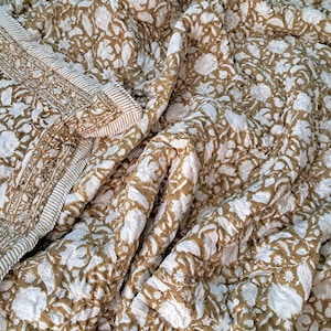 Floral Brown Cotton Bedding Set - Cotton Quilt, Bed Sheet and Maching Pillow Covers | Hand Block Print King Cotton Filled Bedspread Bedding