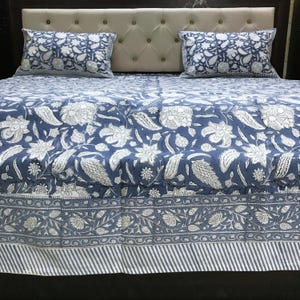 Blue Bed Sheet with Pillowcases | Jaipuri Razai Blue Quilt | Cotton Blue Duvet Cover Set | Hand Block Printed Cotton Filled Bedspread