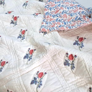 Beautiful Pink Floral Duvet Cover Set, Blue and Pink Quilt, Floral Pillow Covers, Pure Cotton Bedding Comforter, Lightweight Cotton Blanket