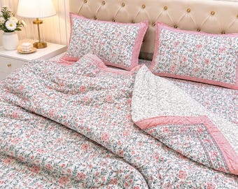 Light Pink and Gray Floral Quilt Bedspread Hand Block Printed Reversible Quilts for Sale, Oversized King Comforter | Handmade Cotton Bedding