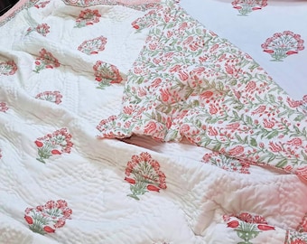 Reversible Pink and Green Quilt Cotton Blanket, King Queen Coverlet with Green Floral Hand Block Print Cotton Bedding OR Duvet Cover Set