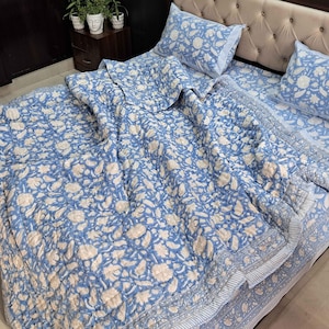 Indian Hand Block Print Cotton Quilt, Blue Floral Pattern Reversible Twin Blanket, King Size Quilt, Jaipuri Razai, Cotton Quilted Throw King