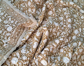Brown Floral Quilt Hand Block Printed Bedspread, Pure Cotton Quilted Blanket \ Jaipuri Razai indian Quilt and Pillow Covers