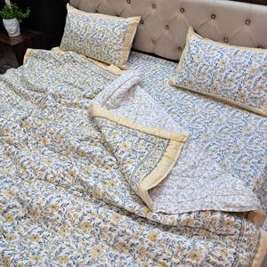 Pale Yellow Duvet Cover Set | Cotton Quilt Set | Handmade Jaipuri Bedding Comforters | Duvet Cover with Pillow covers