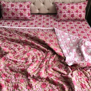 Rose Pink King Size Bedding Set Floral Pink Kantha Quilt Bedspread, Cotton Bed Sheet With Pillow Shams Hand Block Printed Luxury Comforter