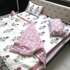 Pink Quilt Indian Hand Block Print Jaipuri Quilt Reversible Jaipuri Razai Handmade Floral Quilt Comforter Pink Kantha Quilt Bedspread King