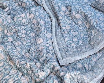 Aqua Blue Cotton Quilt Hand Quilted Kantha Quilt Bedspread, Lightweight Natural Cotton Filling Cozy Blanket, Multi-Color Quilts for Sale