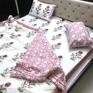 Purple Pink Floral Bed Sheet with Pillow Covers, Pure Cotton Cozy Pink Quilt Comforter, King Size Quilt Queen Bedspread or Pink Duvet Cover