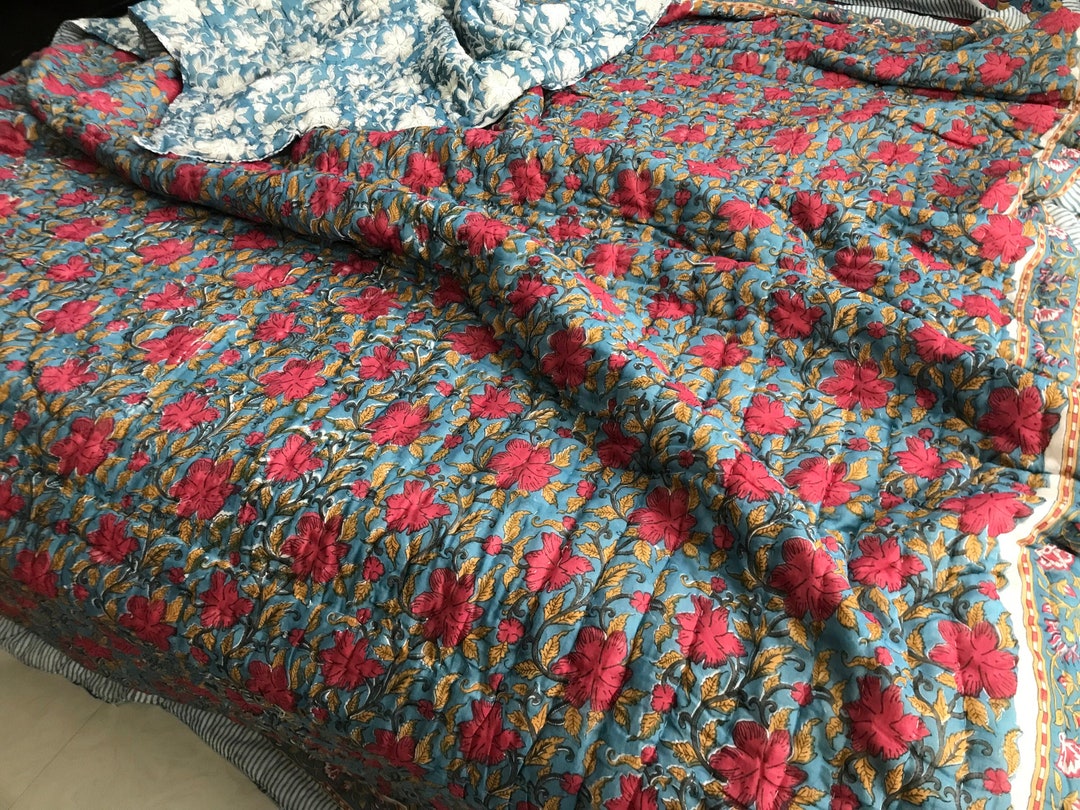 Simple Razai Unique Blue Floral Jaipuri Block Print Quilt Printed Reversible Razai ...