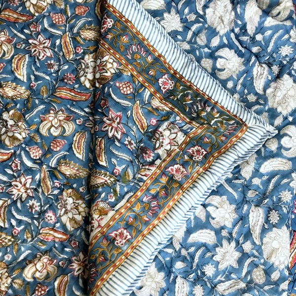 Blue Floral Duvet Cover Set- Hand Block Printed Vintage Bedding | Hand Stitched Quilt Jaipuri Razai Quilted Blanket Twin, Queen, King Quilts