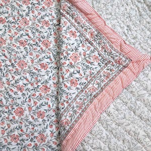 Floral Kantha Quilt: Pastel Pink & Green, Handmade Cotton Bedspread Bedding Comforter Famous Jaipuri Razai