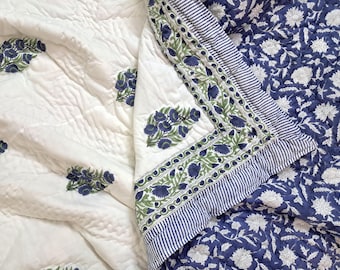 Block Print Cotton Quilt, Indigo Blue and Green Floral Duvet Cover Set, Bohemian Bedding Coverlet, Quilted Bedspread Warm Blanket