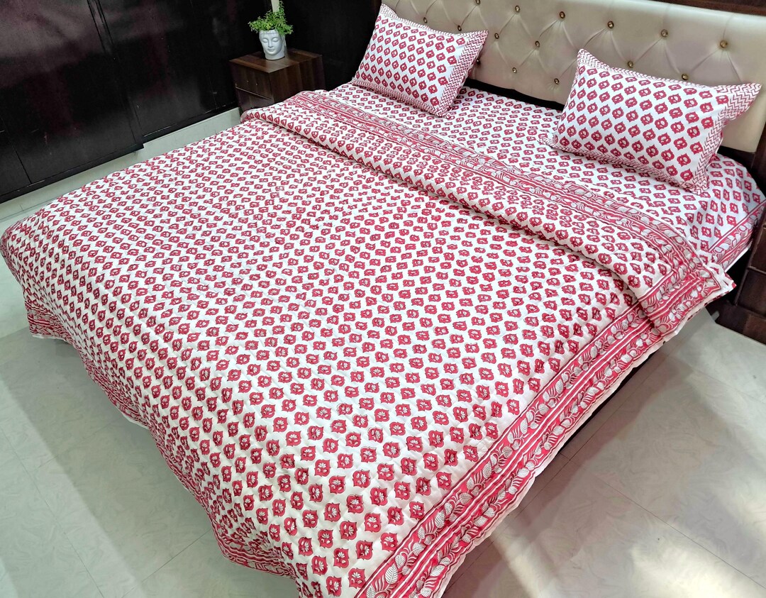 Red Razai Red Floral Cotton Quilt, Sanganeri Hand Block Print Jaipuri Razai ...