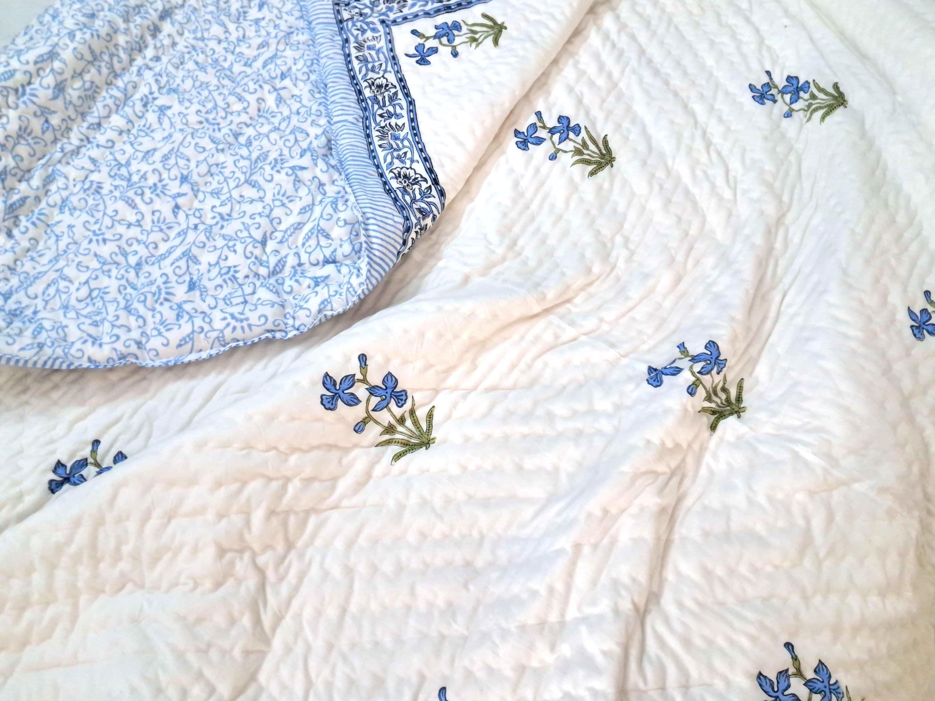 Blue Indian Kantha Quilt, Handmade Floral Hand Block Print Cotton Sheet Bedspread, Kantha Coverlet Throw, king Queen Twin Size Kantha Quilt