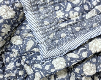 Deep Blue Hand Block Print Cotton Quilt / Natural Cotton Filled Quilted Bedspread / Bedding Quilts for Sale / King Comforter Jaipuri Razai