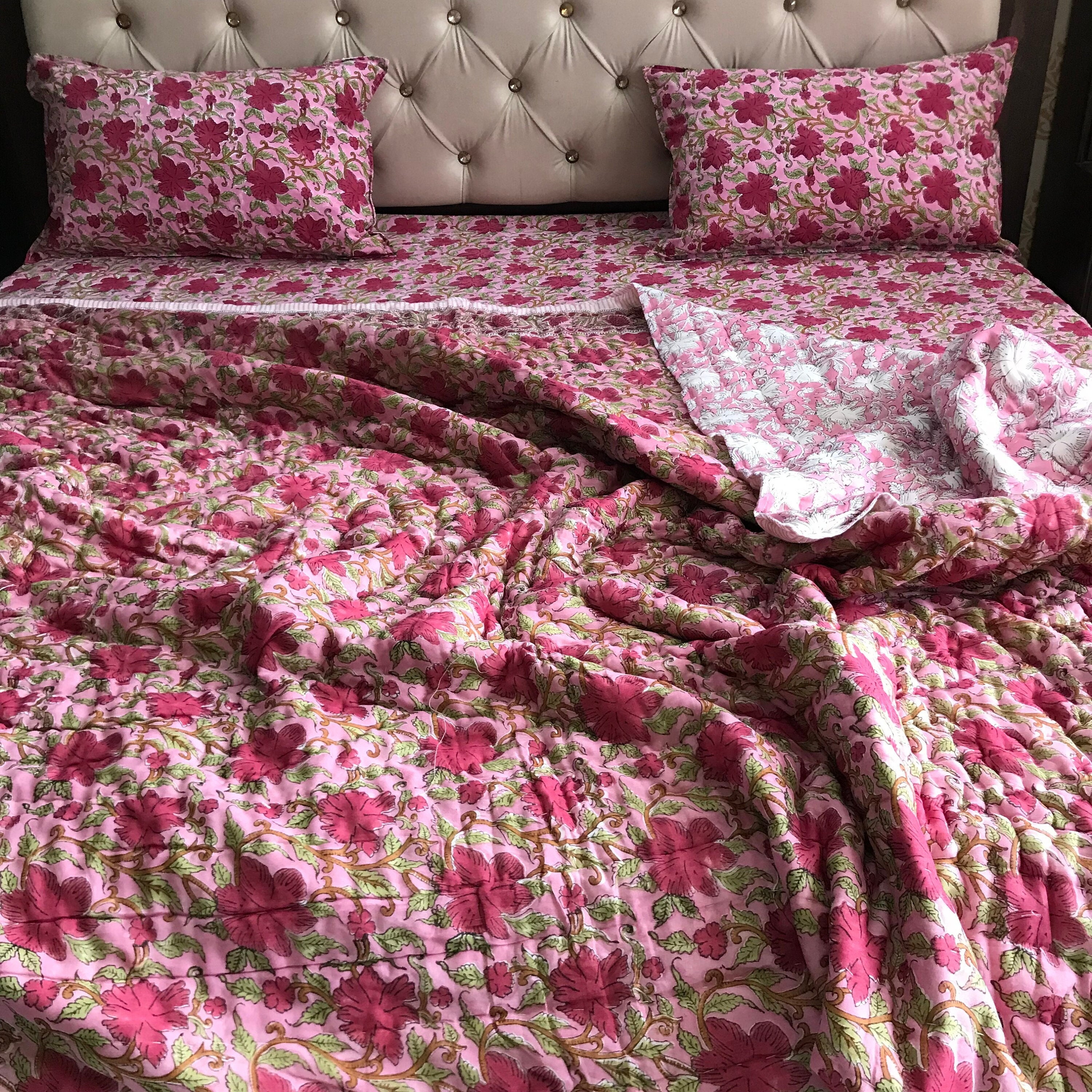 Pink Roses Sheets Rose Pink Cotton Bedding Set | Pink Red Floral Quilted Blanket | Pink ...