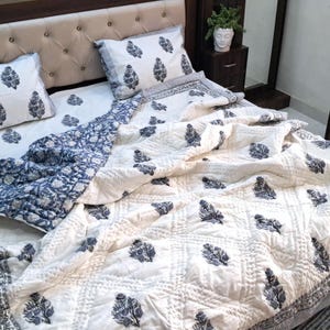 Blue Gray Floral Kantha Quilt: Hand Stitched Cotton King Size Bedding Comforter