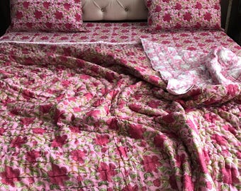 Red Pink Floral Duvet Cover Set | Floral Block Print Duvet Cover and Pillow Cover | Pure Cotton Duvet Cover | Luxury Boho Quilt Cover Set