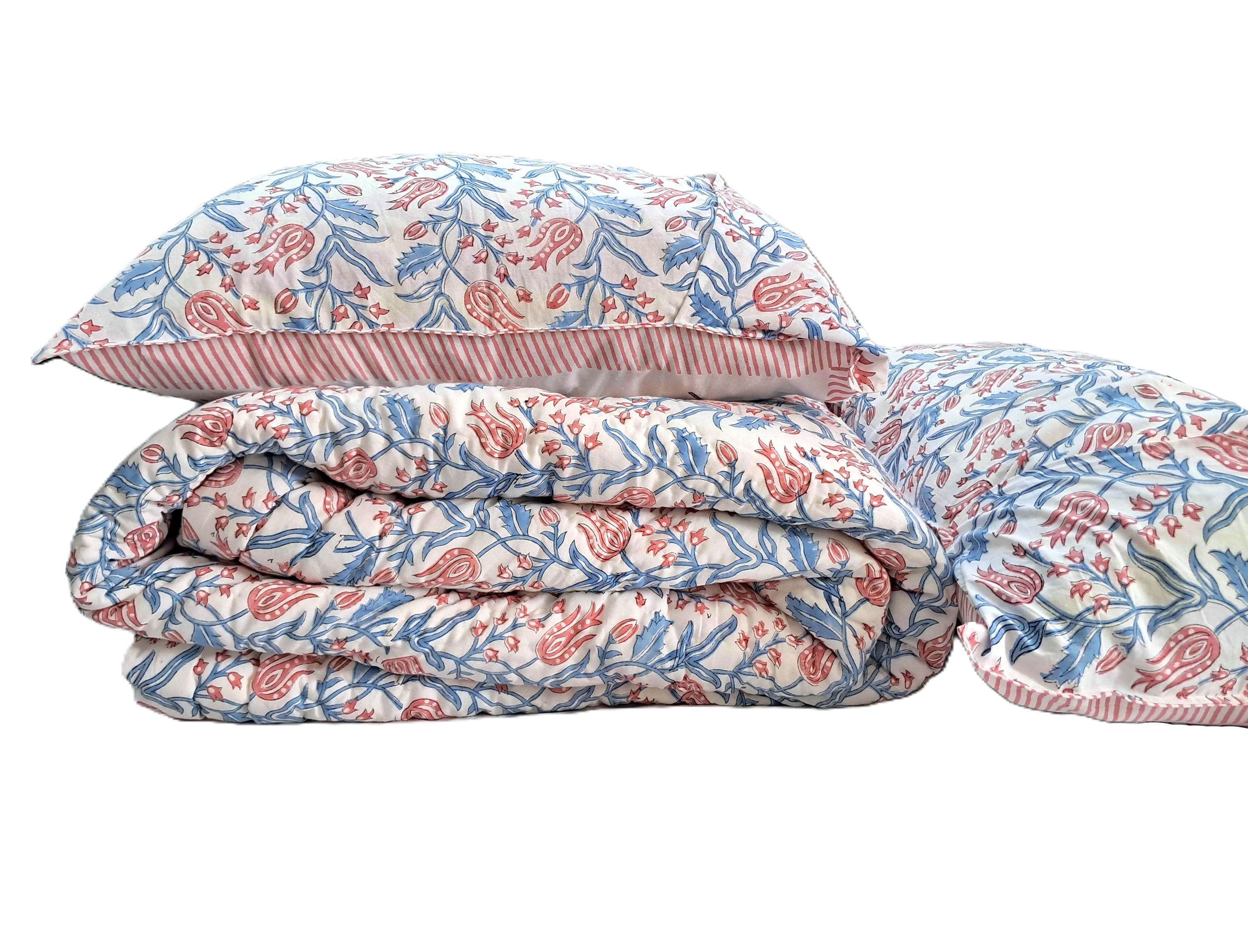 Wildflower Print Cotton Quilt, Boho Coverlet Bedspread Quilted Blanket, Pink Blue Bedspread Quilts for Sale, Hand Block Printed Kantha Quilt