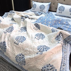 Light Blue Tree Printed Bedding Set Handmade Vintage Quilt, Cotton Bed Sheet and Pillow Shams, Hand Stiched Kantha Bedspread Quilt Comforter