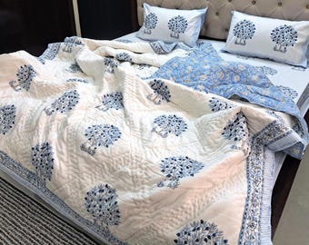 Light Blue Tree Printed Bedding Set Handmade Vintage Quilt, Cotton Bed Sheet and Pillow Shams, Hand Stiched Kantha Bedspread Quilt Comforter