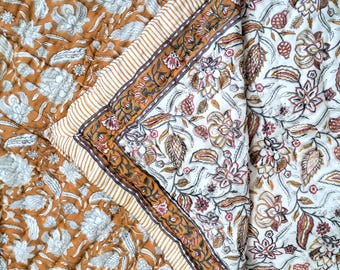 Juego de cama de algodón amarillo: manta cálida acolchada a mano, sábana encimera y fundas de almohada / Edredones indios Jaipuri