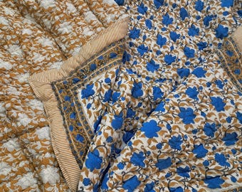 Vintage Blue Floral Quilt Set, Cotton Bedding Set, Reversible Block Print Bed Sheet Set, Handmade Indian Comforter, Blanket, Home Decor