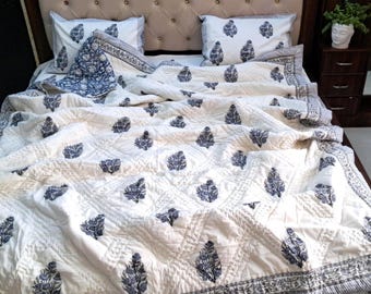 Blue Grey Floral Print Bedsheet Set | Organic Cotton Quilt | Block Printed Bedspread Bed Cover | 100% Pure Cotton Cottage Style Bedding Gift