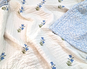 Cotton Quilt Blue Lily Floral Block Print Natural Cotton Filling Quilted Bedspread, Lightweight Bedding Comforter, Handmade Quilts for Sale