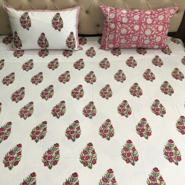 Pure cotton hand block printed bedsheet with pillow cover jaipuri traditional hand print bedsheet handmade Red floral print bedsheet HB-02