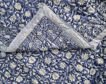 Midnight Blue Mist Floral Duvet Cover - Block Print Pillow Covers -  Vintage Blue Duvet Cover, Pure Cotton Handmade Duvet Cover or Quilt Set