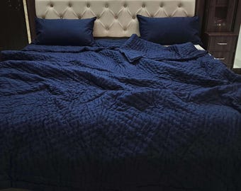 Hand Stitched Indigo Cotton Kantha Quilt | Lightweight Reversible Bedspread Throw Blanket