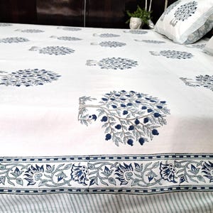 Cotton Flat Bed Sheet Set | Kantha Quilt Bedspread | Cotton Duvet Cover Set | Jaipuri Hand Block Printed Bedding