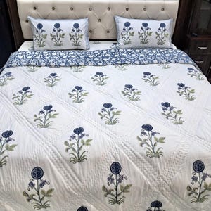 Blue Quilt, Hand Block Print Quilt Reversible Cotton Kantha Blanket, Lightweight Boho Throw, Floral Indian Cottage core Bedding Summer Quilt