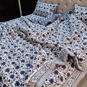 Indigo Blue Bedding Comforter Blue Quilt Bedspread Hand-Block Printed Lightweight Blanket