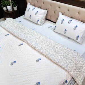 Oversized King Comforter Quilt, Super King Size Quilt, Hand Block Printed White Bedspread, White and Gray Floral Quilts for Sale
