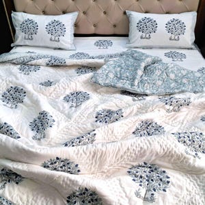 Aqua Green Cotton Bed Sheet and Pillow Covers / Jaipuri Razai Quilted Blanket / Sea Green Print Duvet Cover Set