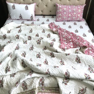 Pink Quilt, Reversible Block Printed Cotton Kantha Quilt, Boho Bedding Comforter Lightweight Coverlet Summer Blanket Queen Bedspread King